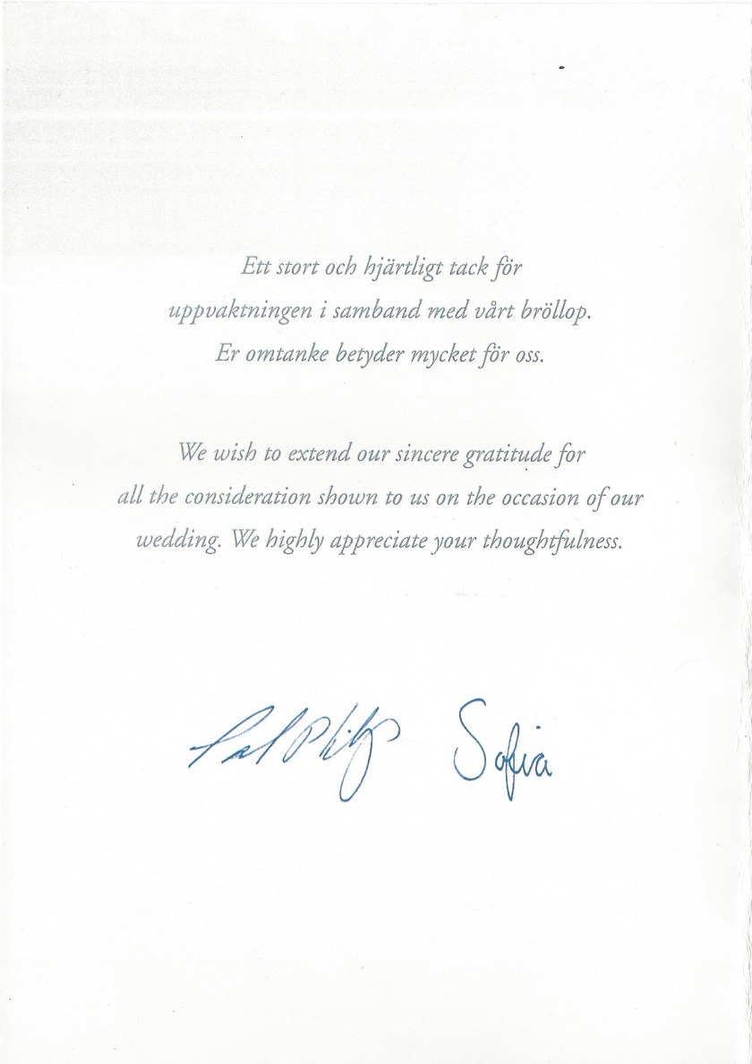 Sophia and Carl Philip Wedding Card Message
