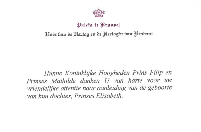 Birth of Princess Elisabeth of Belgium, Duchess of Brabant Card