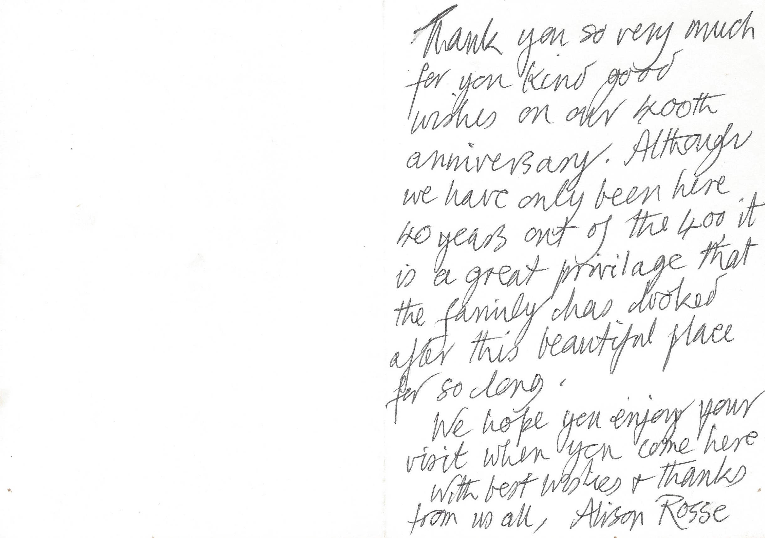 Alison Countess of Rosse 400 year anniversary card inside