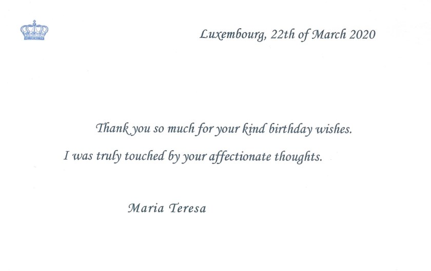 Grand Duchess of Luxembourg 64th Birthday Card