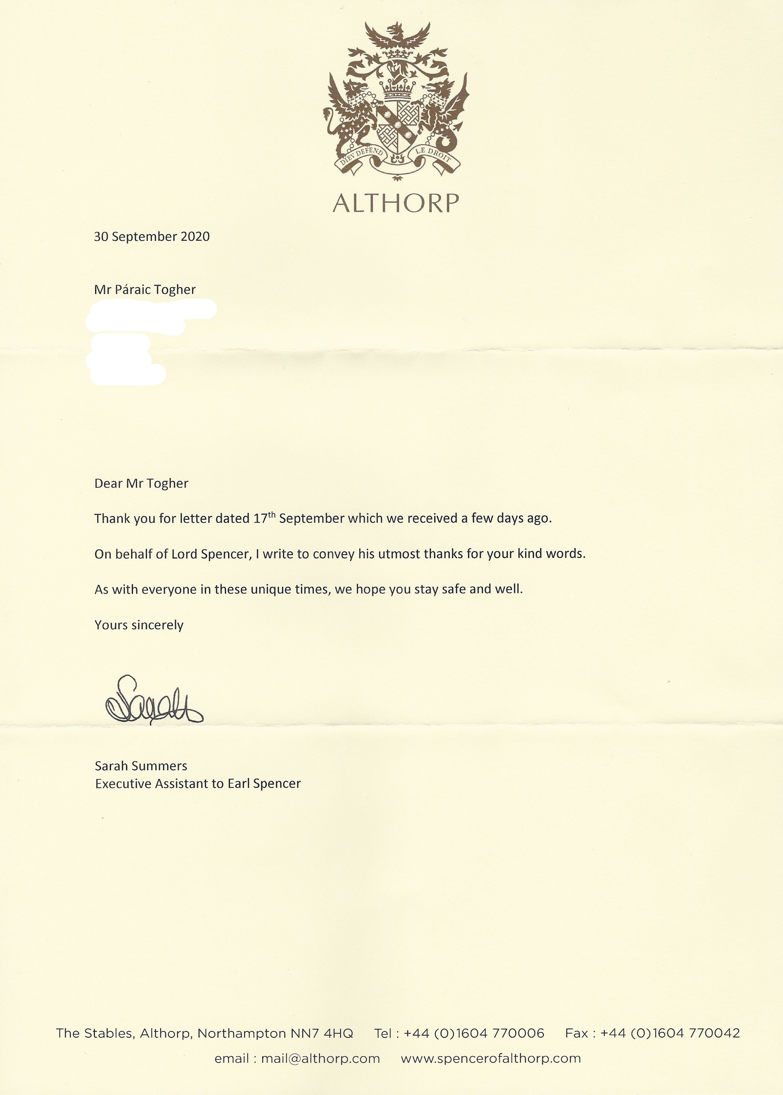 Charles Spencer, The 9th Earl Spencer Letter RoyalResponses